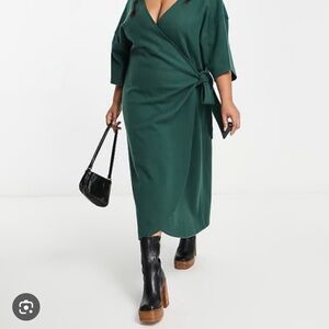 ASOS DESIGN Curve supersoft midi wrap sweater dress with belt in forest green